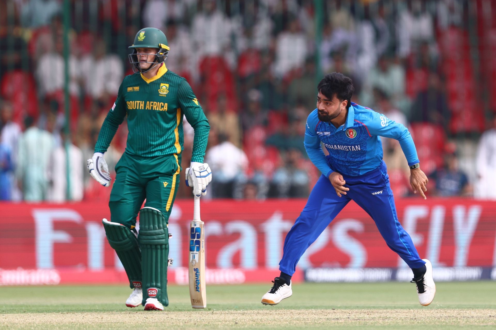 Rashid Khan went wicketless in Afghanistan&#039;s 2025 Champions Trophy clash against South Africa. [P/C: Getty]