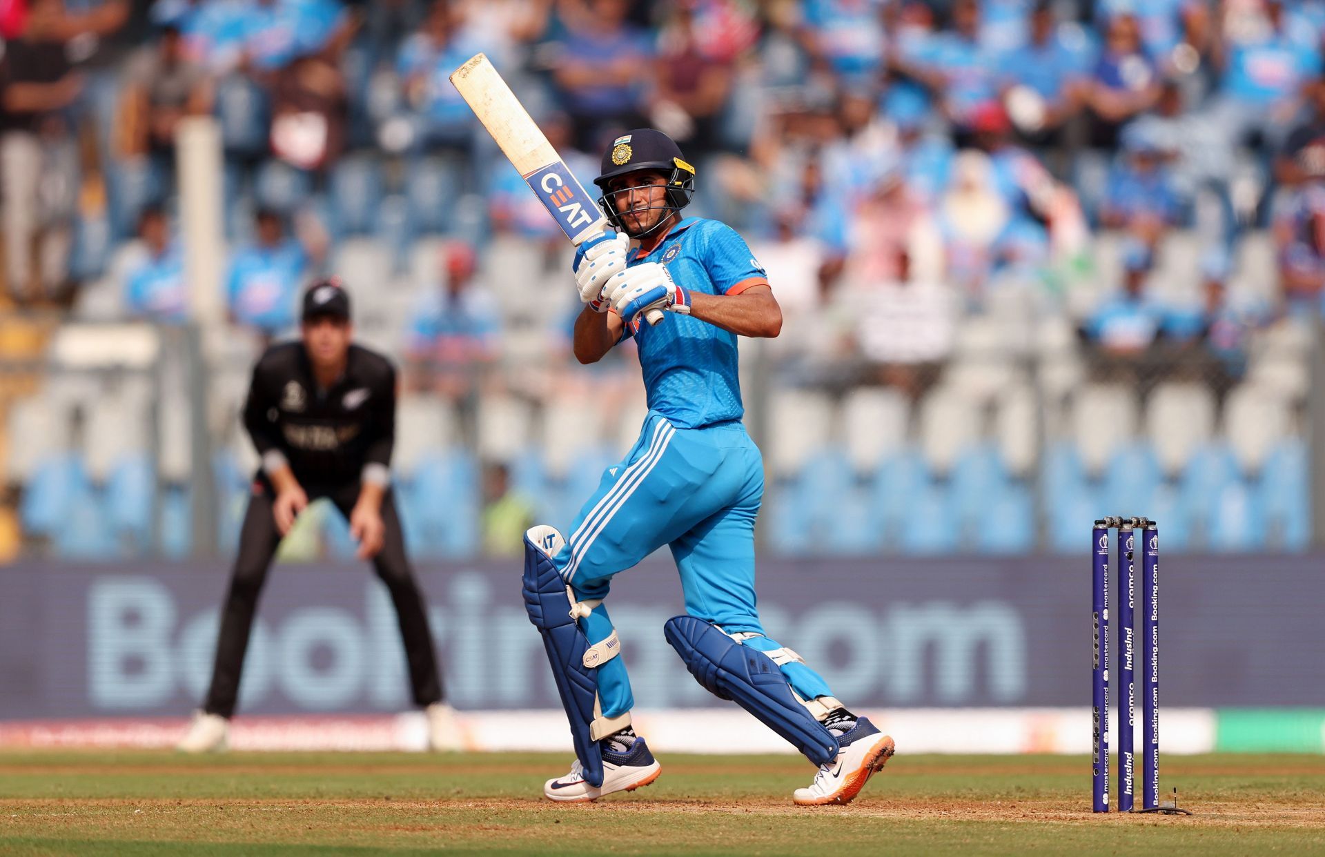 Shubman Gill of India bats during the ICC Men&#039;s Cricket World Cup India 2023 semi-final match between India and New Zealand at Wankhede Stadium on November 15, 2023, in Mumbai, India. (Photo by Robert Cianflone/Getty Images)