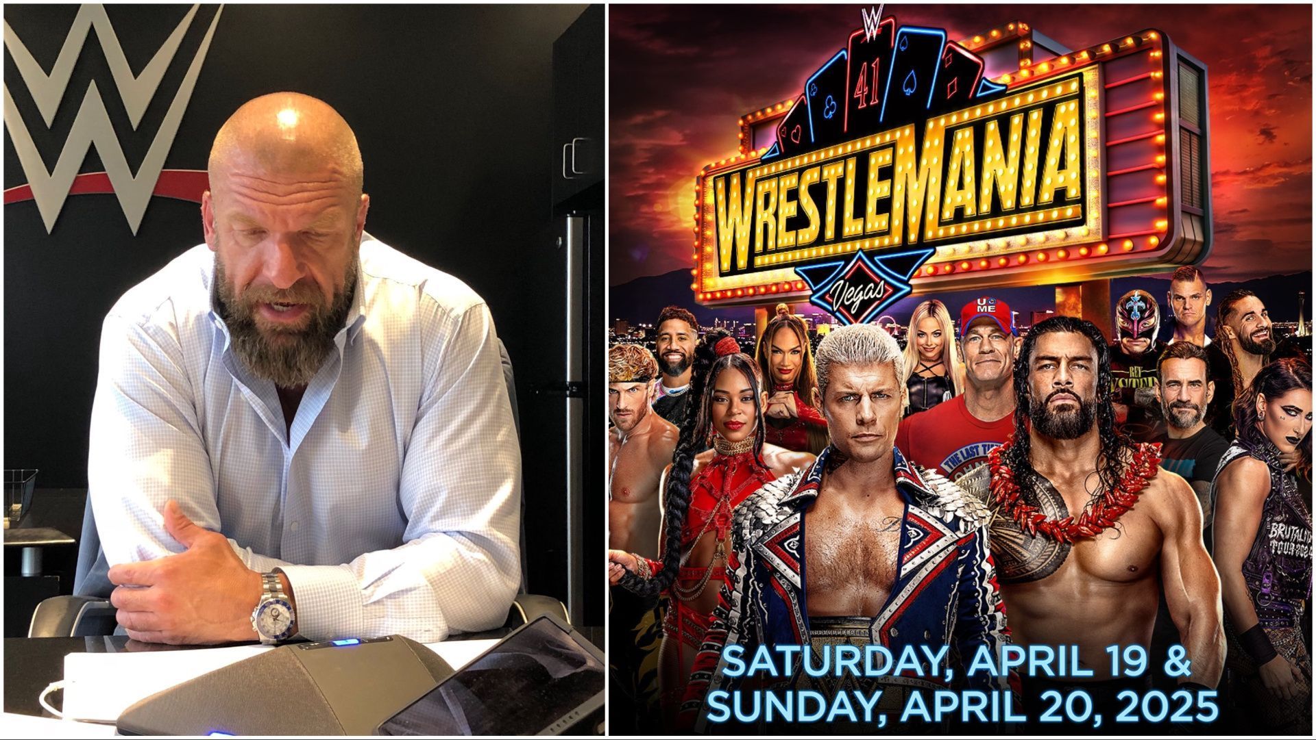 Triple H at WWE HQ, the official logo for WWE WrestleMania 41