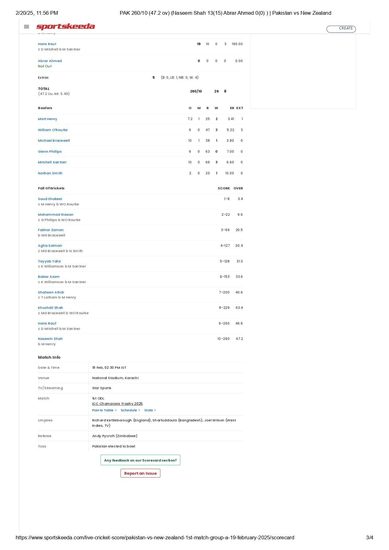 PAK vs NZ 2025 Champions Trophy scorecard. [Credits: Sportskeeda]