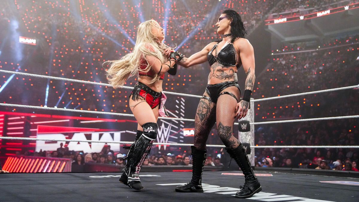 Liv Morgan and Rhea Ripley during RAW&#039;s Netflix premiere. (Image credits: wwe.com)