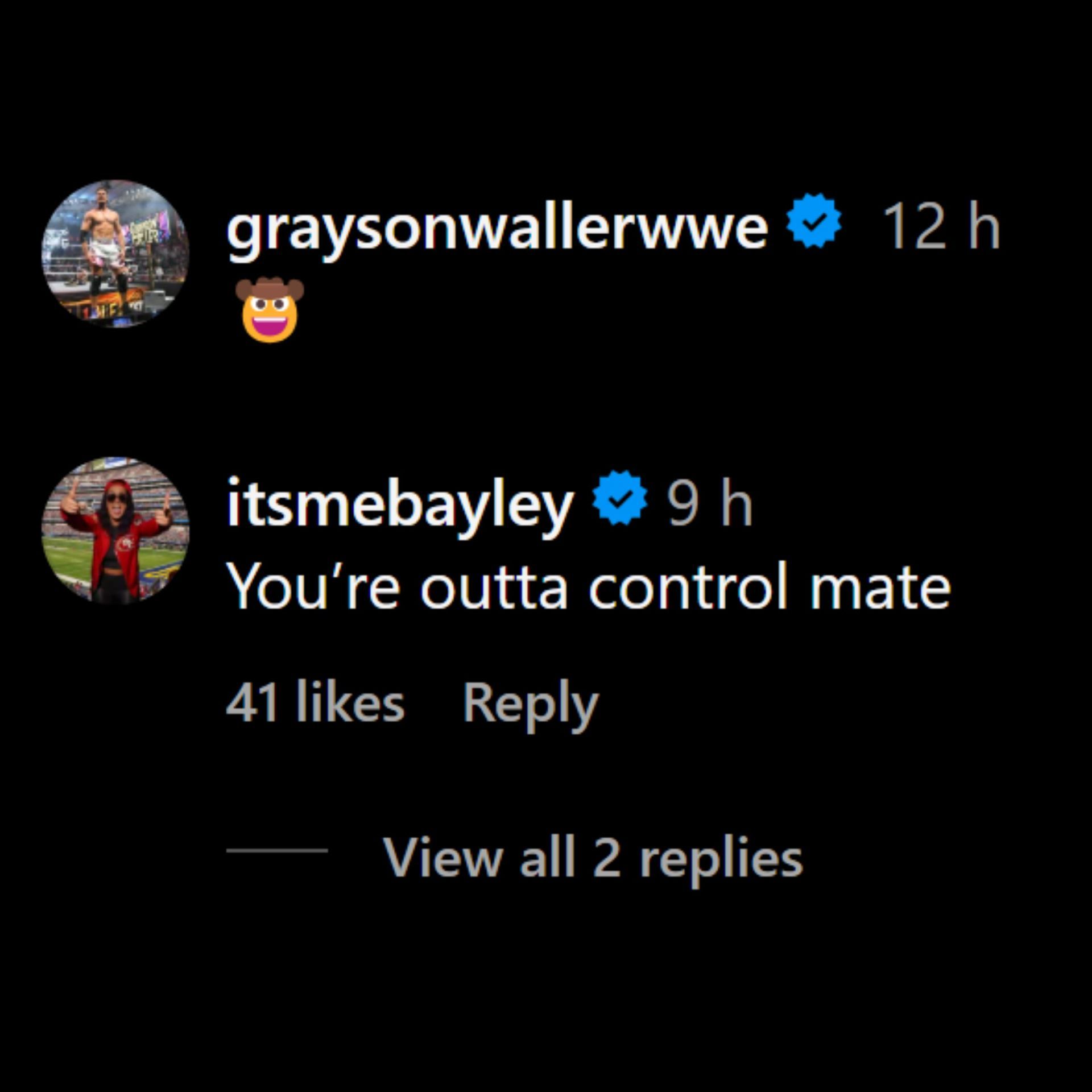 Bayley&#039;s message to Grayson Waller [Photo Credits: Waller&#039;s Instagram comments]