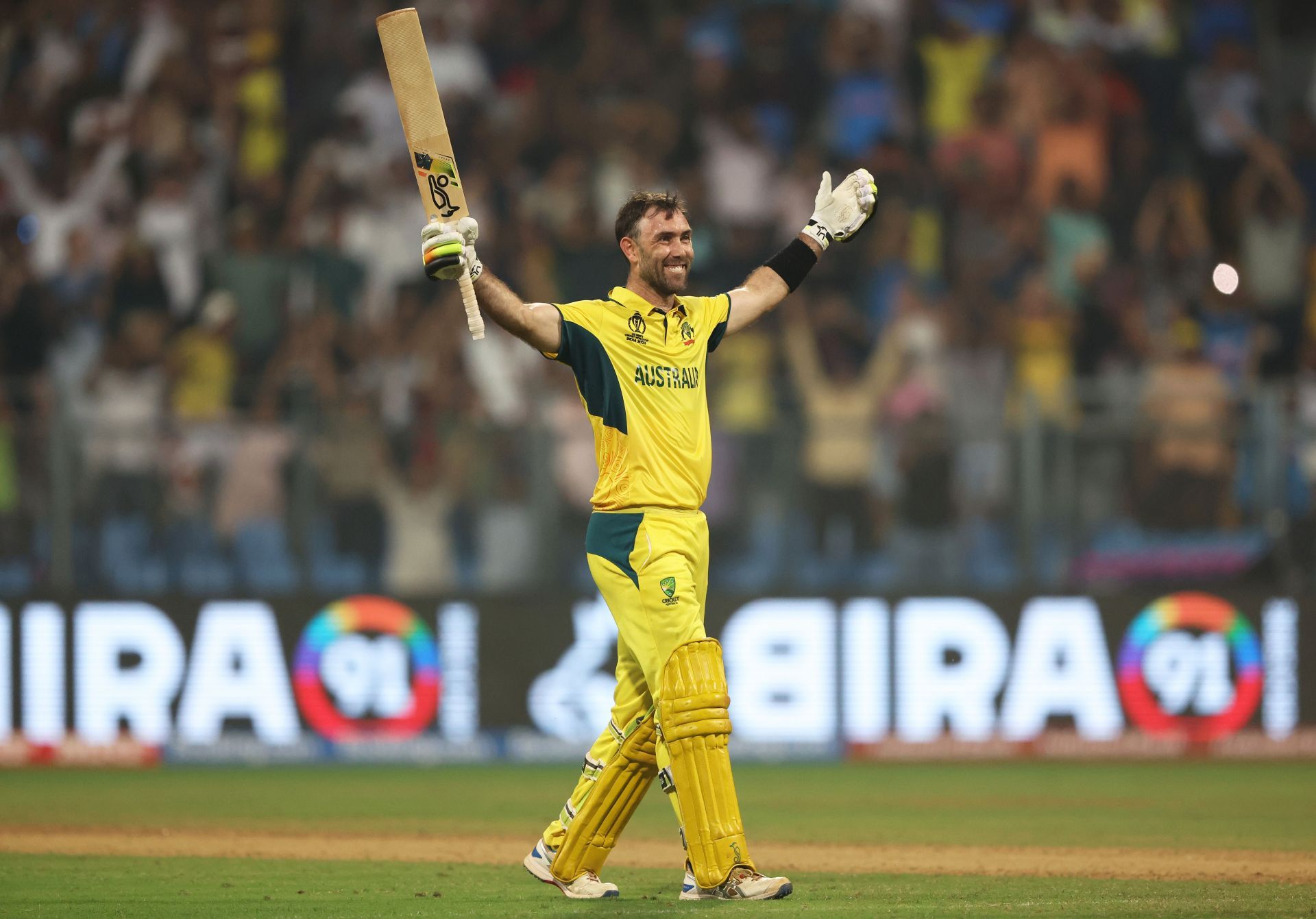 Glenn Maxwell celebrates his double ton against Afghanistan. (Credits: Getty)