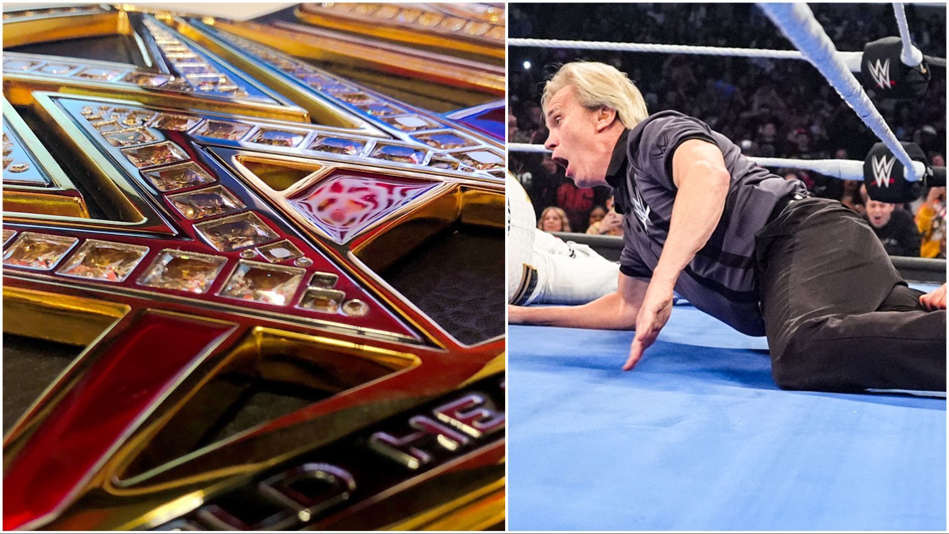 WWE championship on display, referee Charles Robinson in action