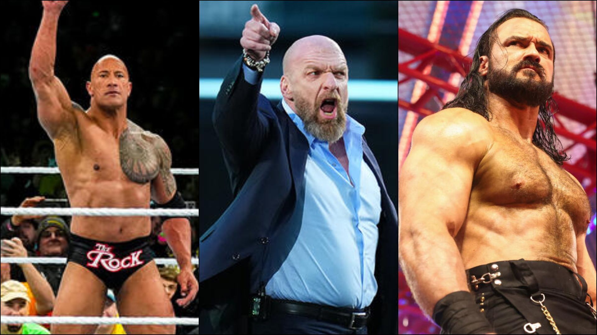 The Rock (L) Triple H (C) Drew McIntyre (R)