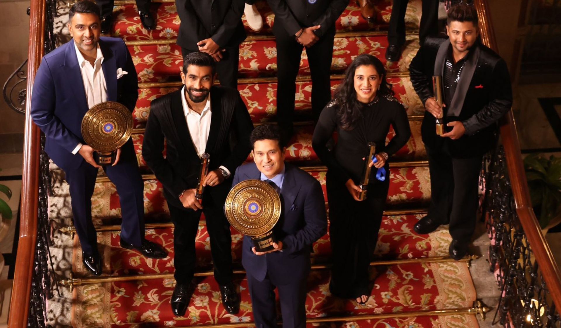 R Ashwin posing with other award winners on Saturday night. (Image: BCCI/X) 