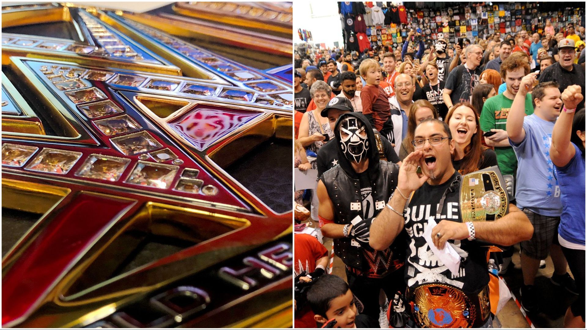 WWE championship on display, wrestling fans cheer at convention