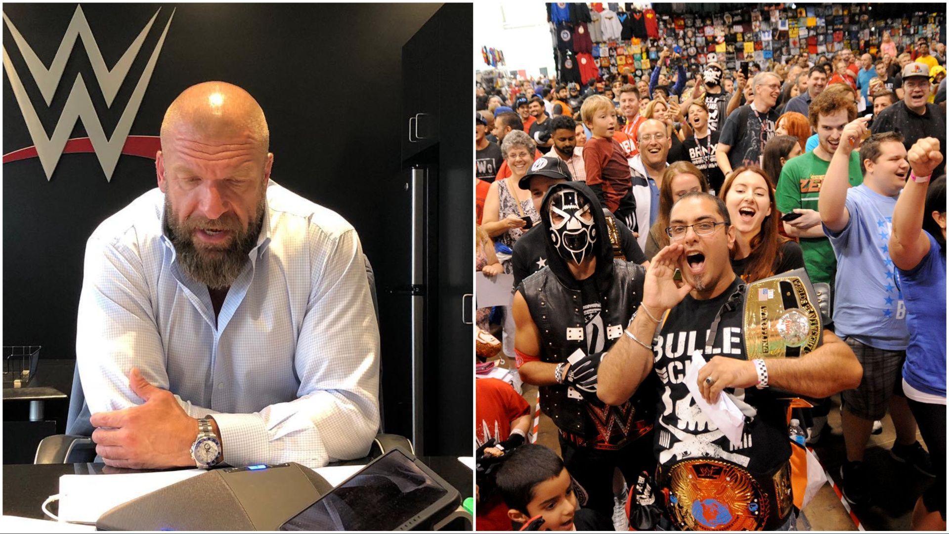 WWE CCO Triple H at company HQ, wrestling fans at a convention