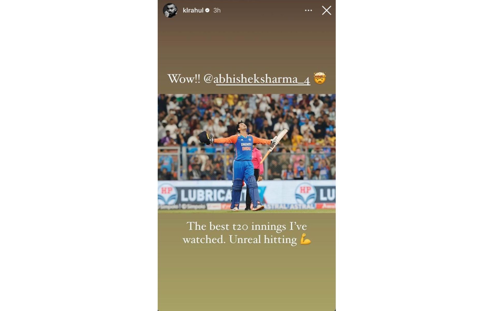 Screenshot of KL Rahul&#039;s Instagram story.