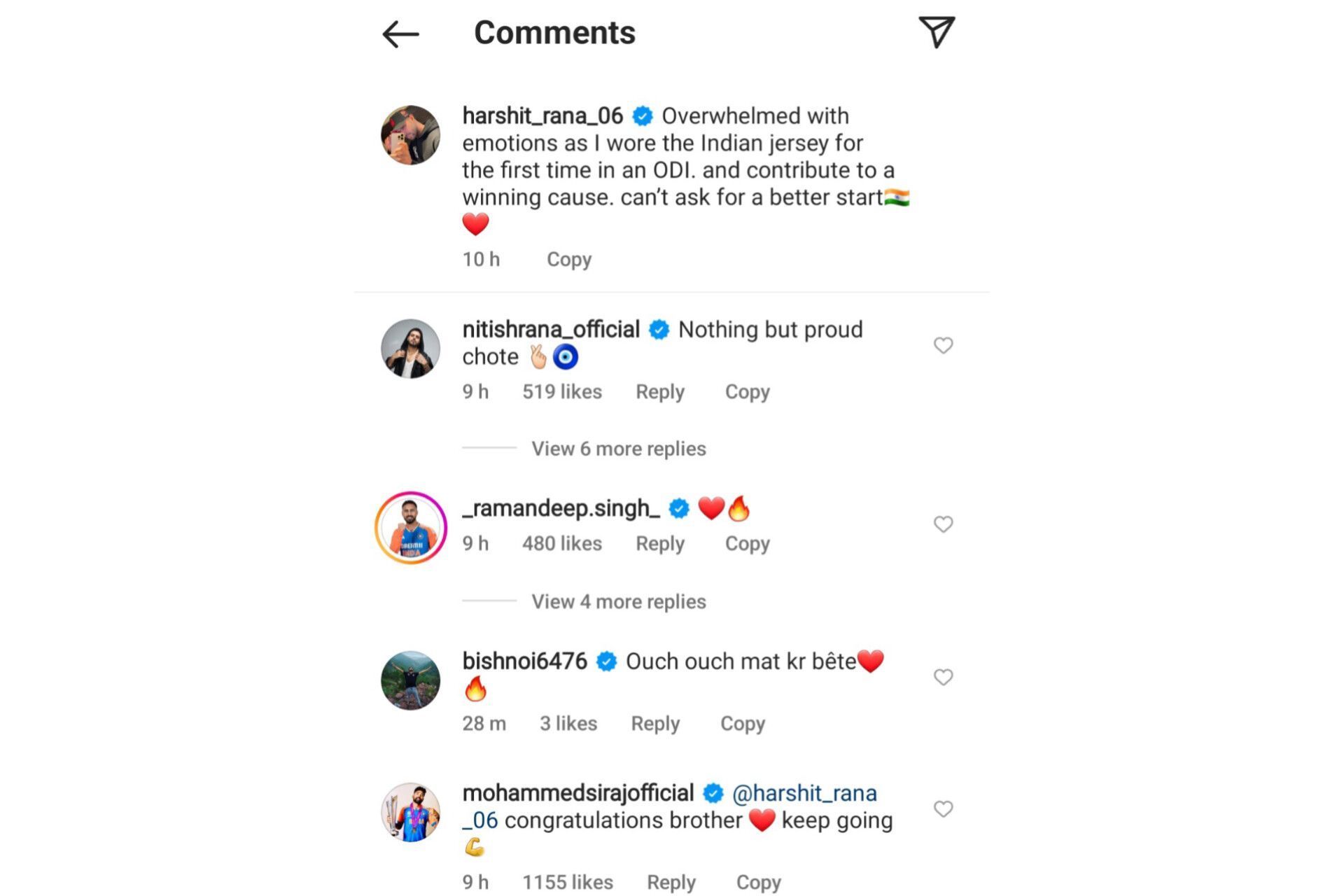 Indian cricketers react to Harshit Rana&#039;s social media post (Image via Instagram-@harshit_rana_06)