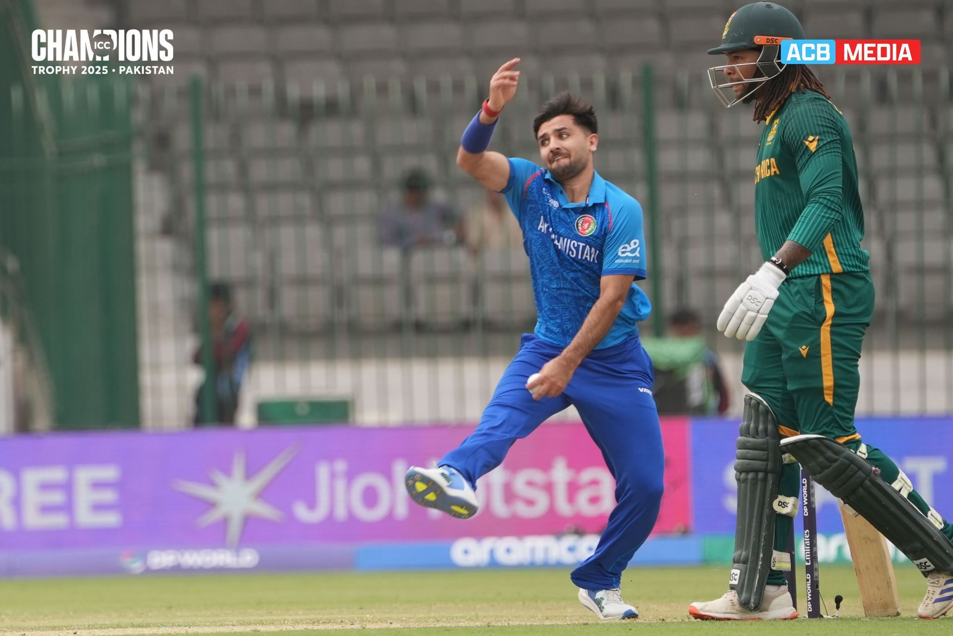 Fazalhaq Farooqi in action during AFG vs SA 2025 Champions Trophy clash. (Image: ACBofficials/X)