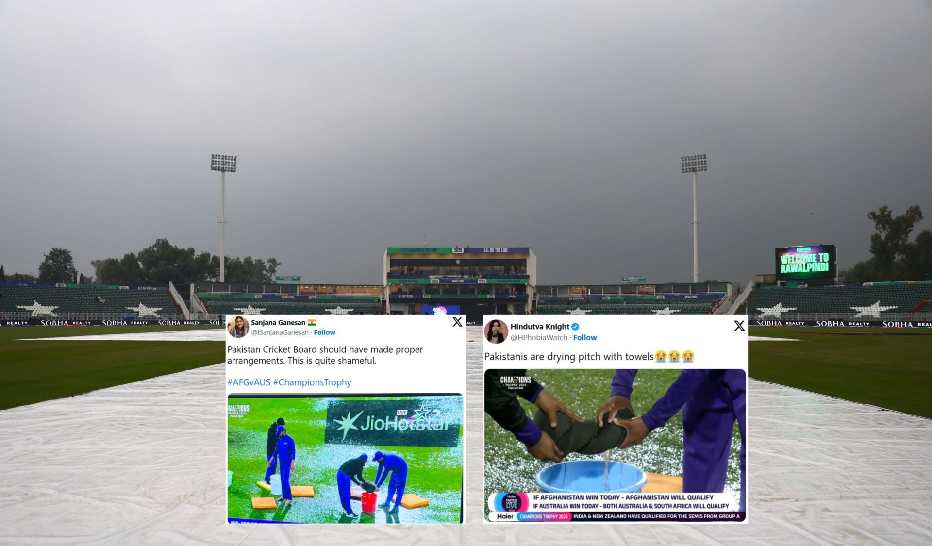 Fans express disappointment with drainage facilities at Pakistan grounds during CT 2025. (Images: X - @ICC, @iSanjanaGanesan, @HPhobiaWatch)