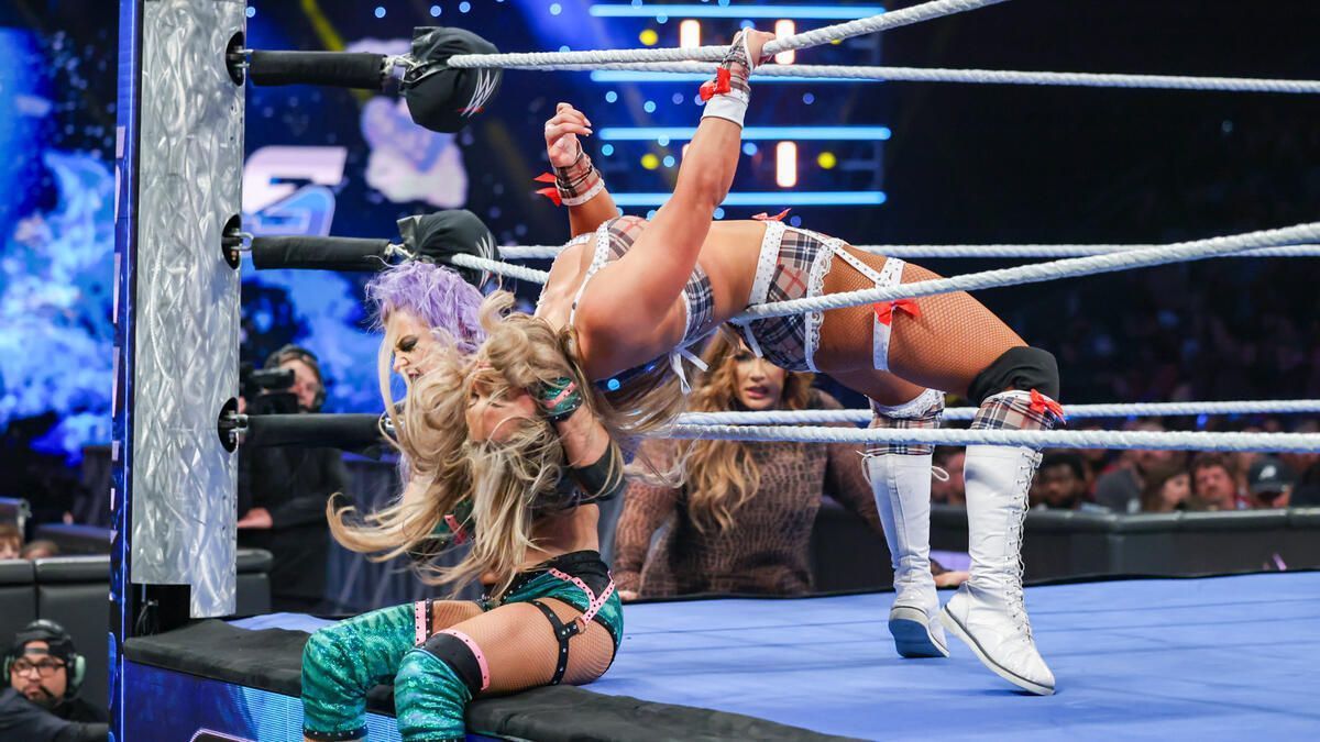 Tiffany Stratton getting hit with a neckbreaker by Candice LeRae. (Photo: WWE.com)