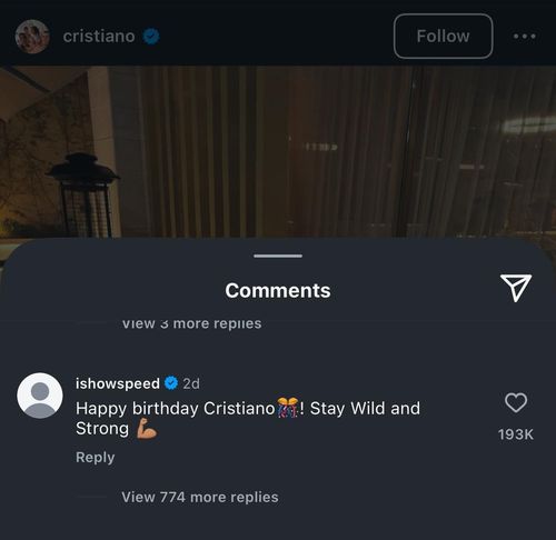 IShowSpeed posted a comment on CR7's post