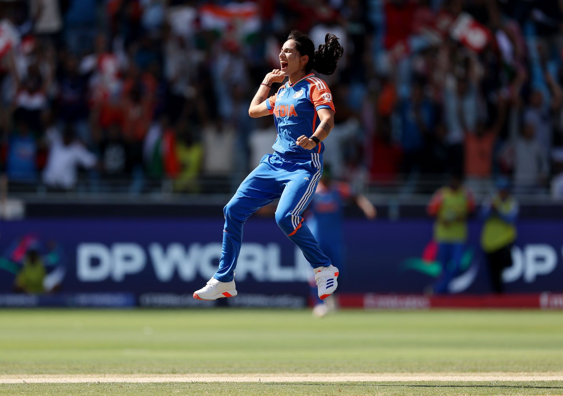 Renuka Singh Thakur celebrates picking a wicket for India. Source: Getty