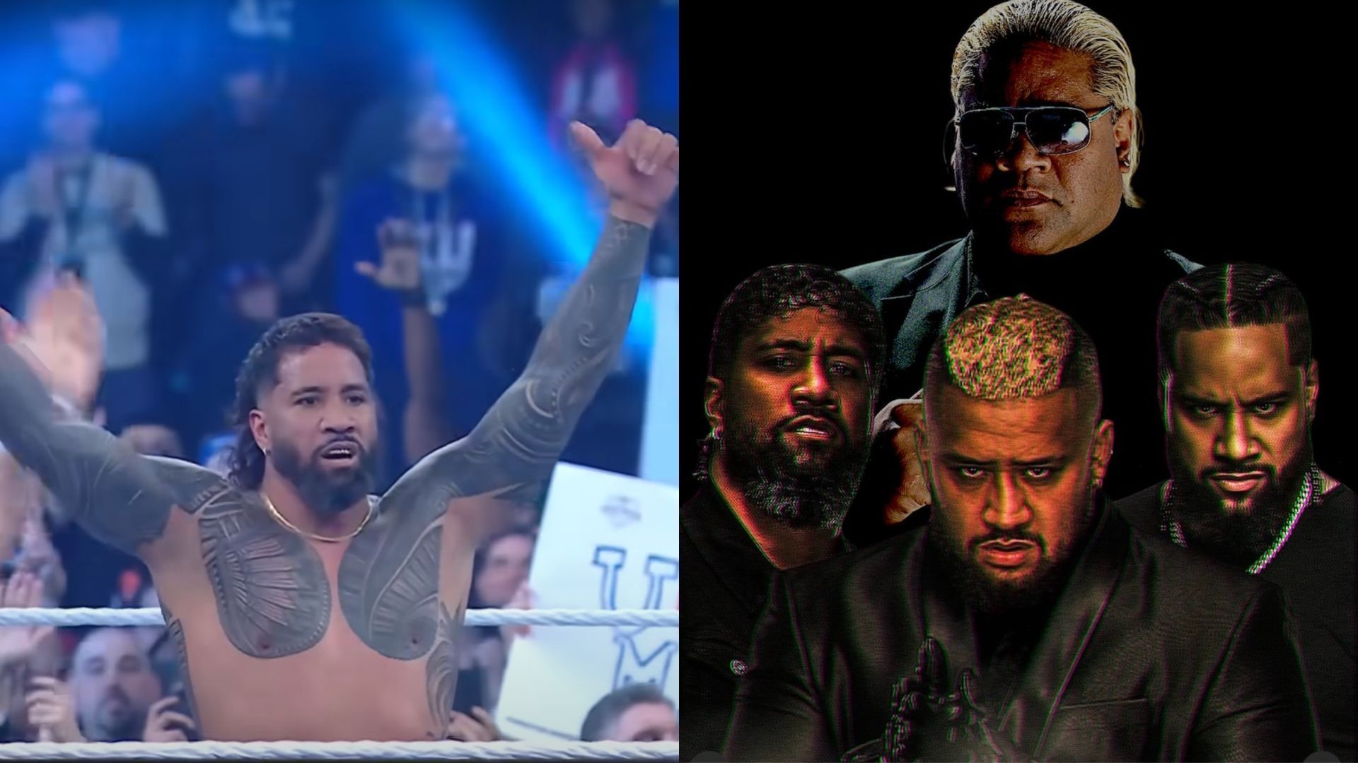 Jey Uso (left) and Rikishi with Jey Uso, Solo Sikoa, and Jimmy Uso (right) [Image Credits: WWE