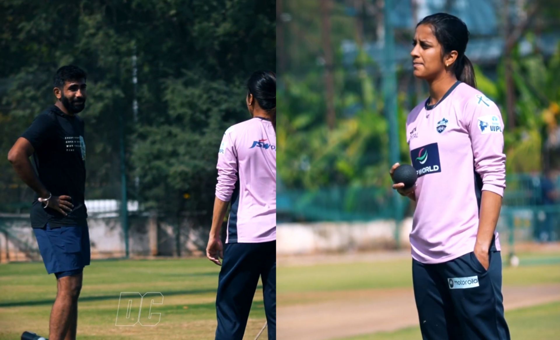 Jasprit Bumrah interacting with Jemimah Rodrigues. (Images: delhicapitals/X)