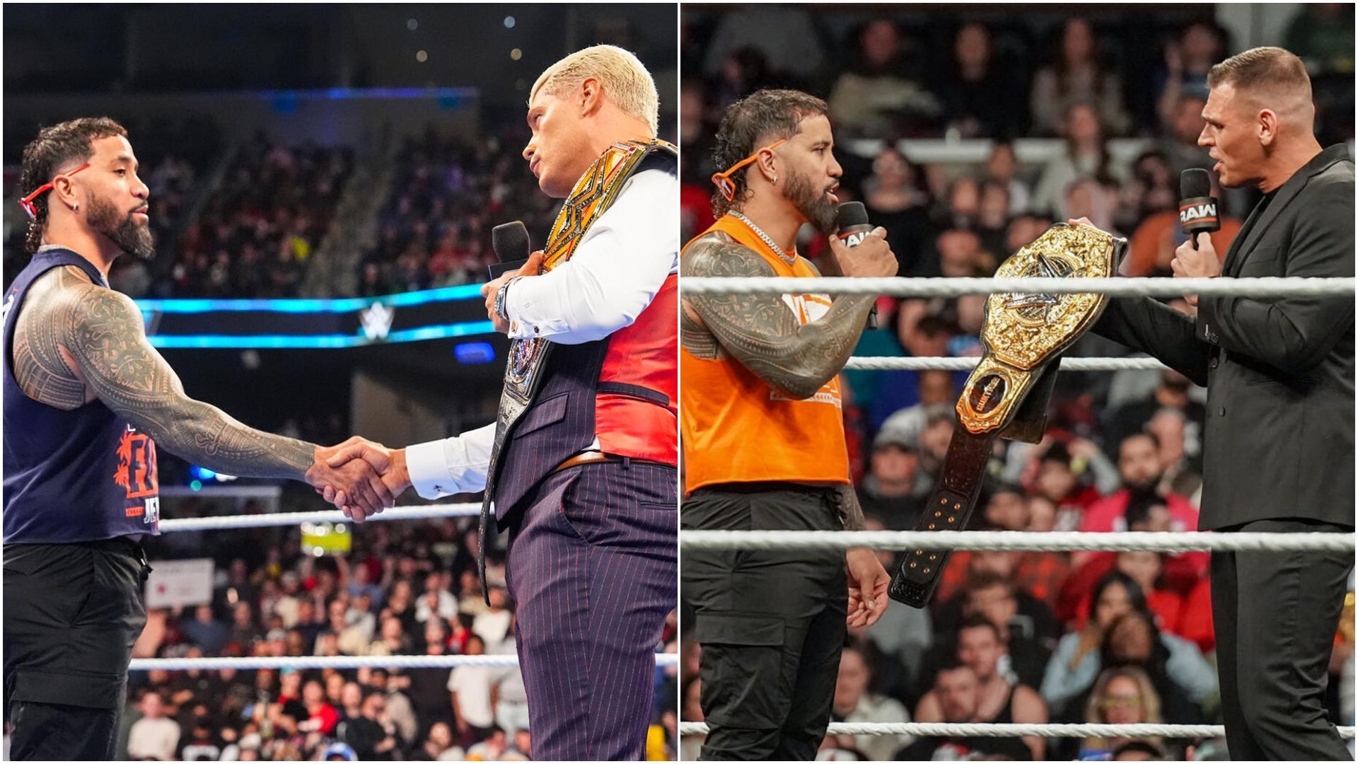 Jey Uso &amp; Cody Rhodes (left), Jey Uso &amp; Gunther (right). [Images via - WWE.com]