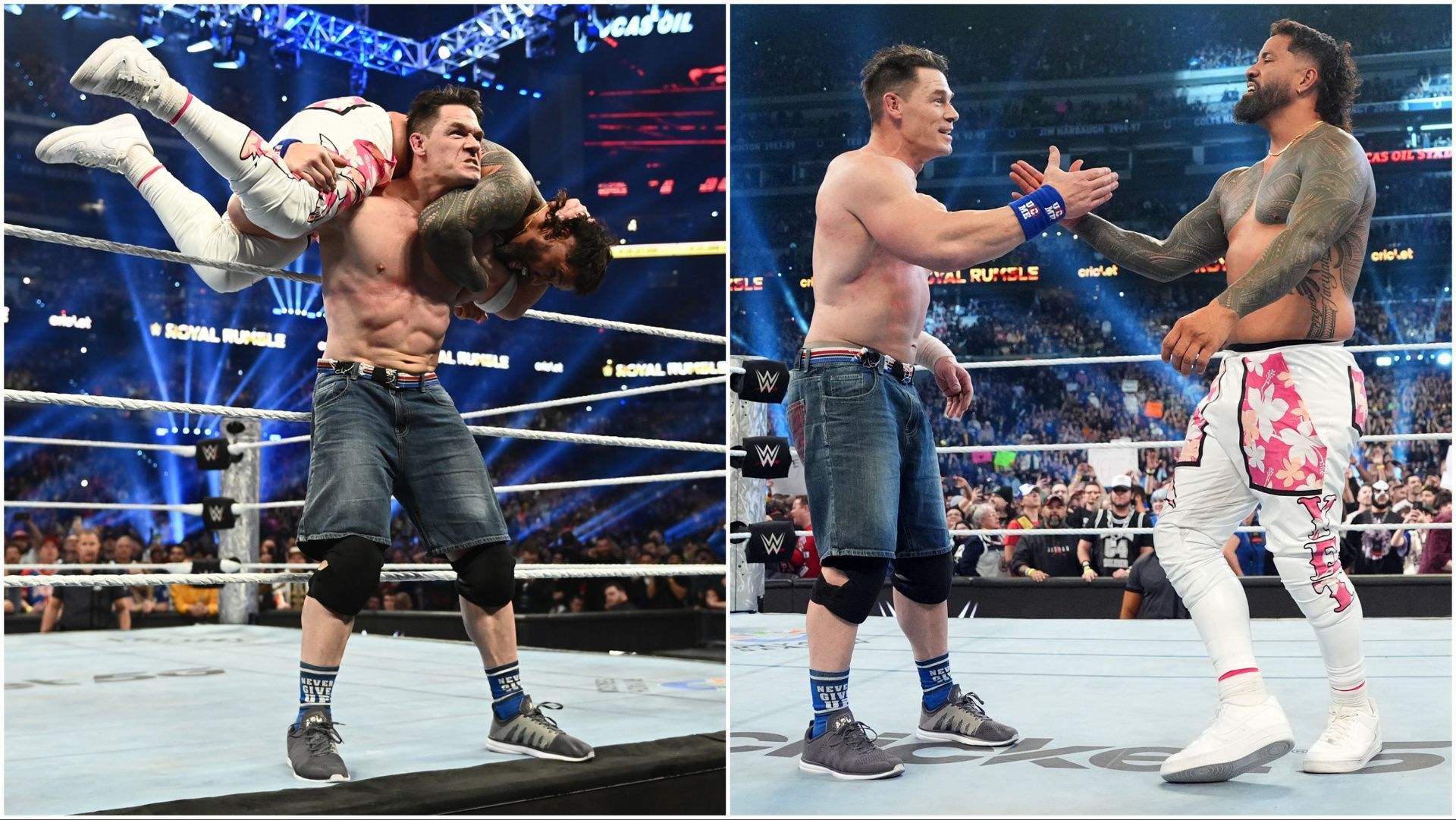 John Cena and Jey Uso at the WWE Royal Rumble