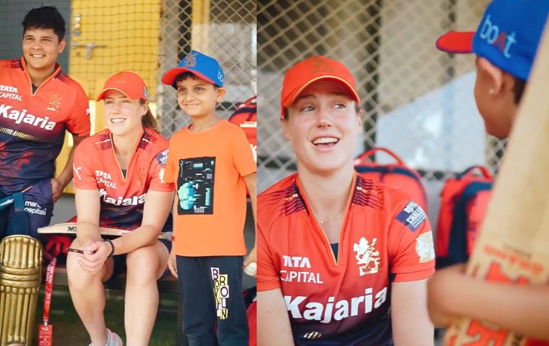 Ellyse Perry and Kanika Ahuja with a young RCB fan. (Images: RCB/X)