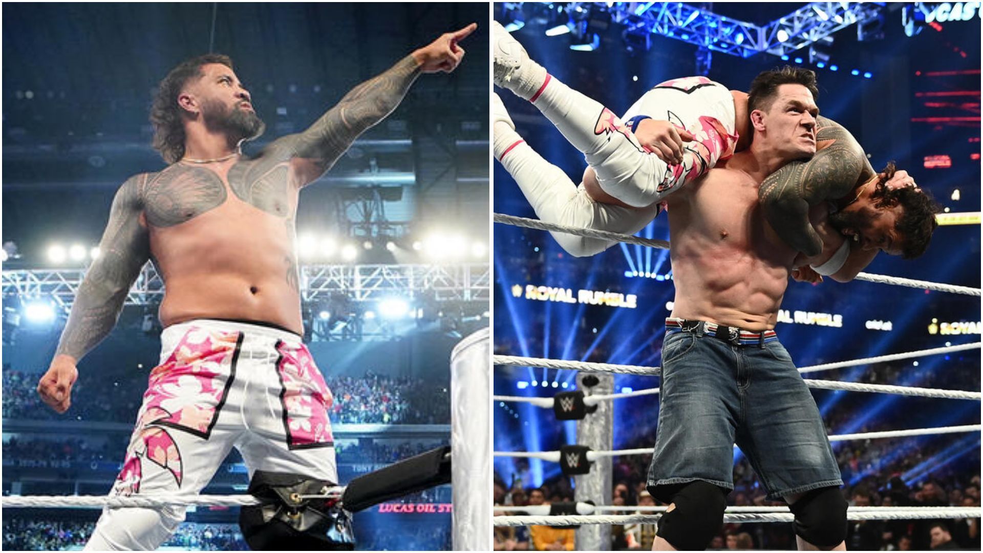 Jey Uso won the 2025 Royal Rumble match after throwing John Cena out last. (Photos: WWE.com)