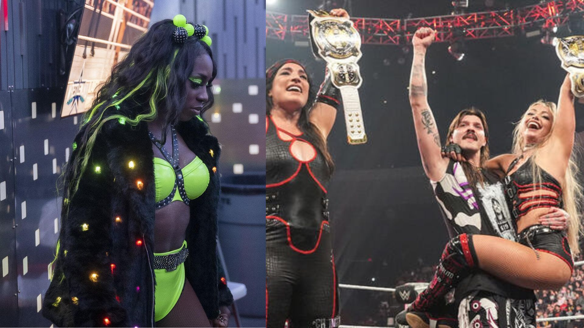 Naomi (left), Raquel Rodriguez and Liv Morgan with Dominik Mysterio (right) (Image Credits: WWE.com)