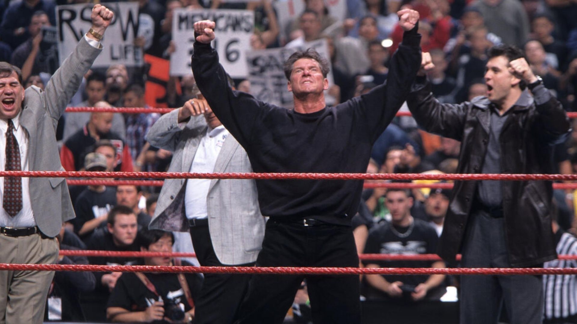 Vince McMahon celebrates after winning the 1999 Royal Rumble match (Image via WWE.com)