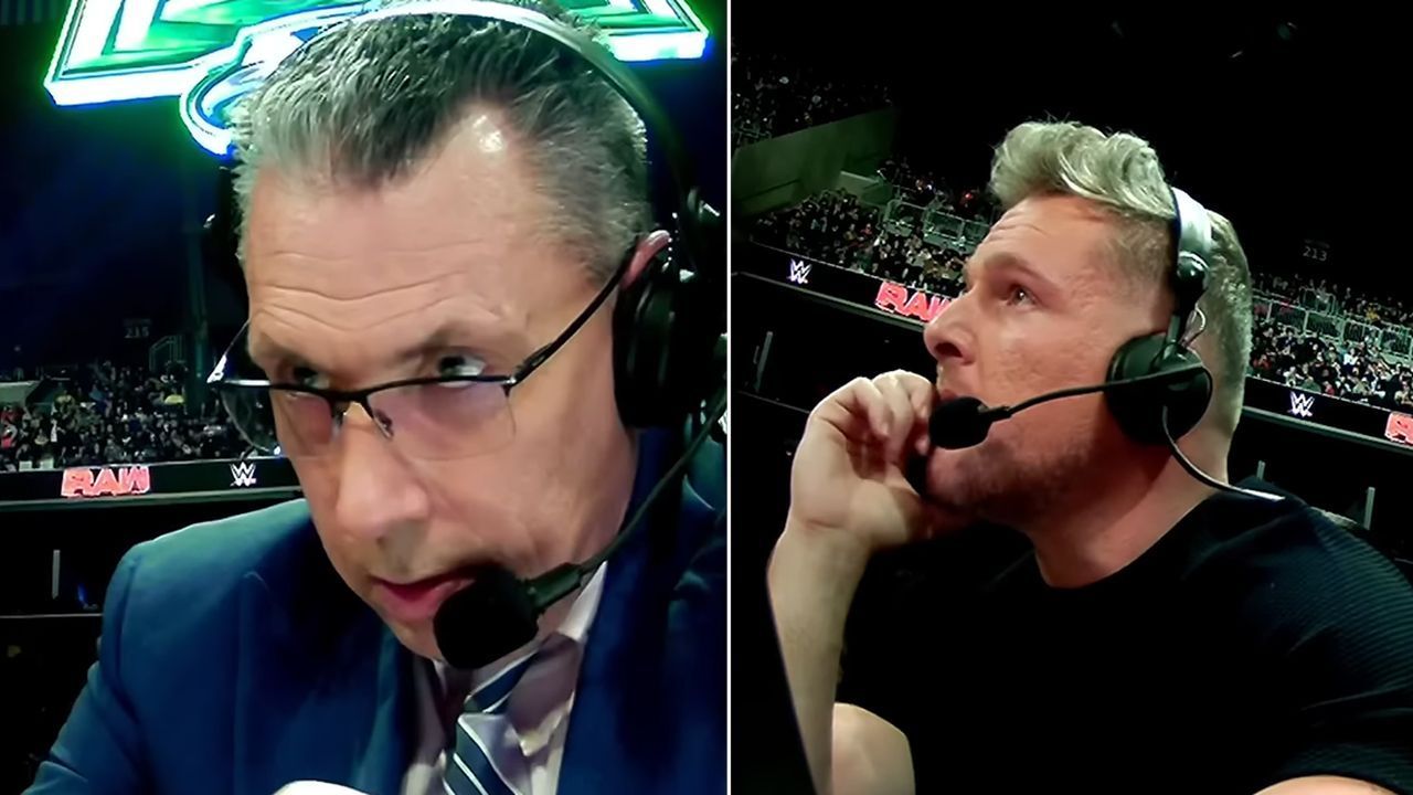 Michael Cole and his announcing partner Pat McAfee (via WWE