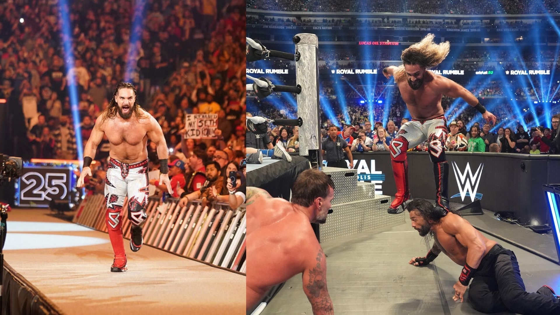 Seth &quot;Freakin&quot; Rollins stomping Roman Reigns at the Royal Rumble (Image via wwe/com)