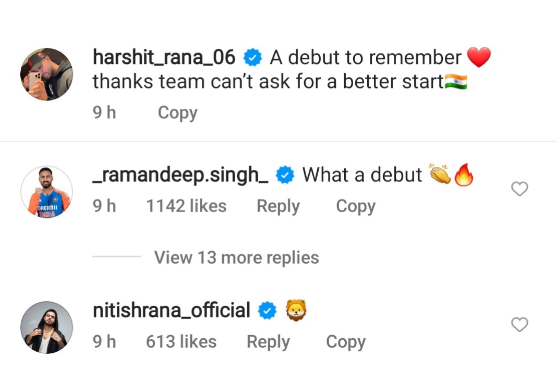 KKR mates comment on Harshit Rana&rsquo;s debut post (Image via Instagram-@harshit_rana_06)