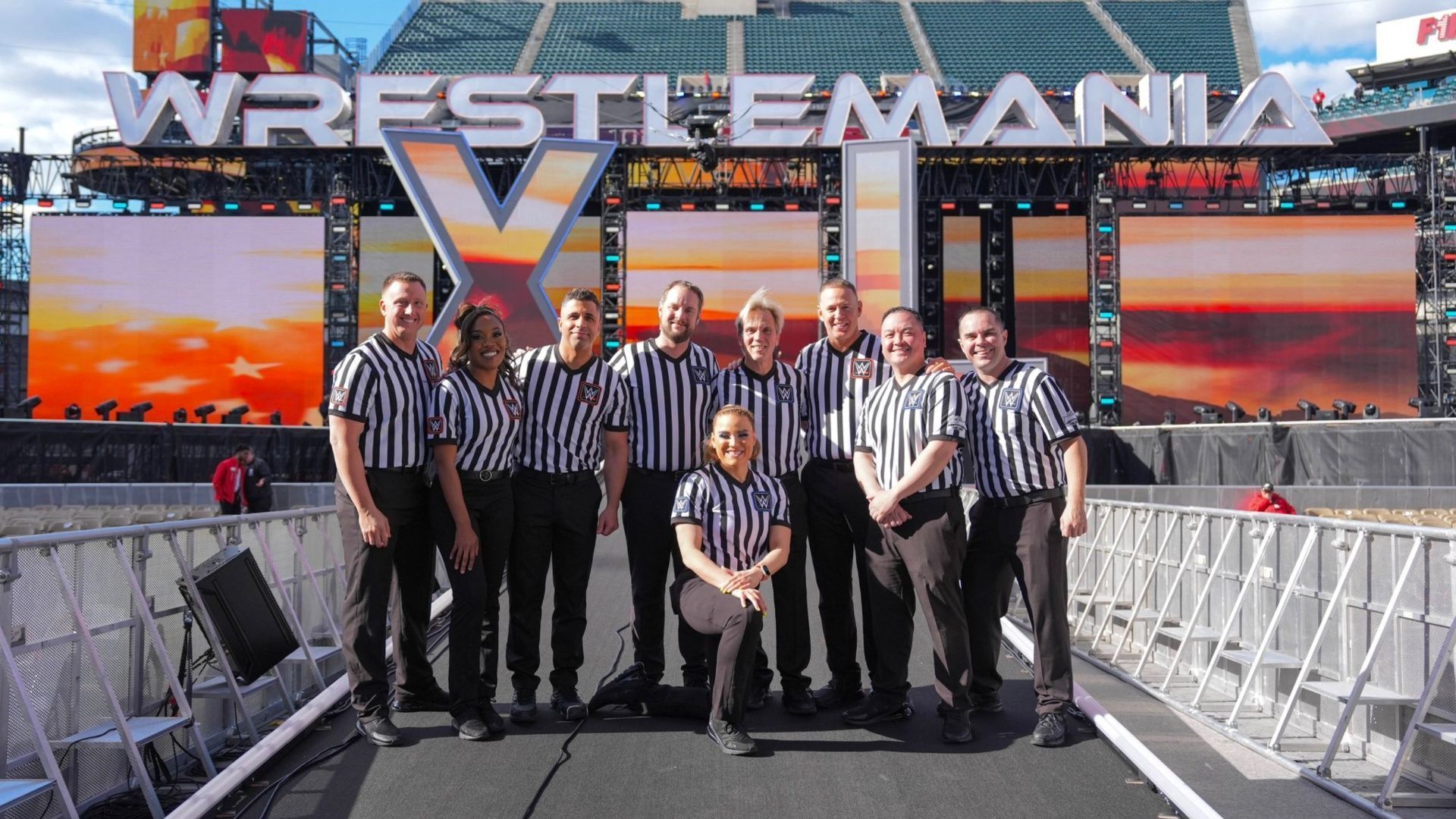 WWE referees pose for the annual WrestleMania photo (Image via Charles Robinson X/Twitter)