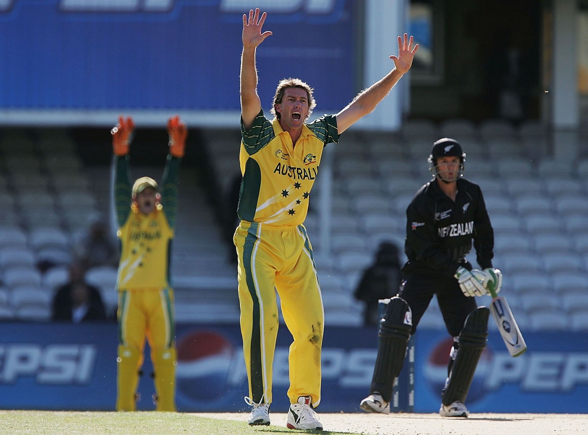 Glenn McGrath picks a wicket in the Champions Trophy. Source: Getty