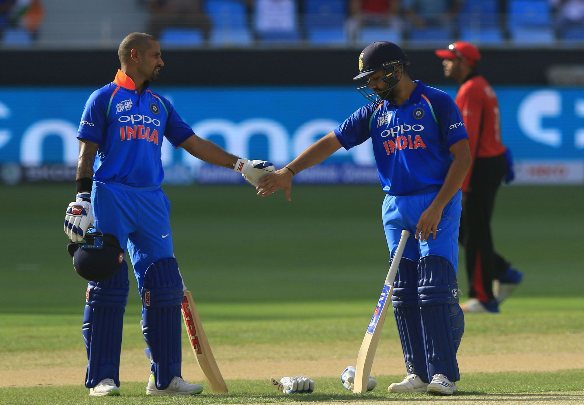 Indian cricketers Rohit Sharma and Shikhar Dhawan during the 4th cricket match of Asia Cup 2018 between India and Hong Kong at Dubai International Cricket Stadium, Dubai, United Arab Emirates. 09-18-2018 (Photo by Tharaka Basnayaka/NurPhoto via Getty Images)