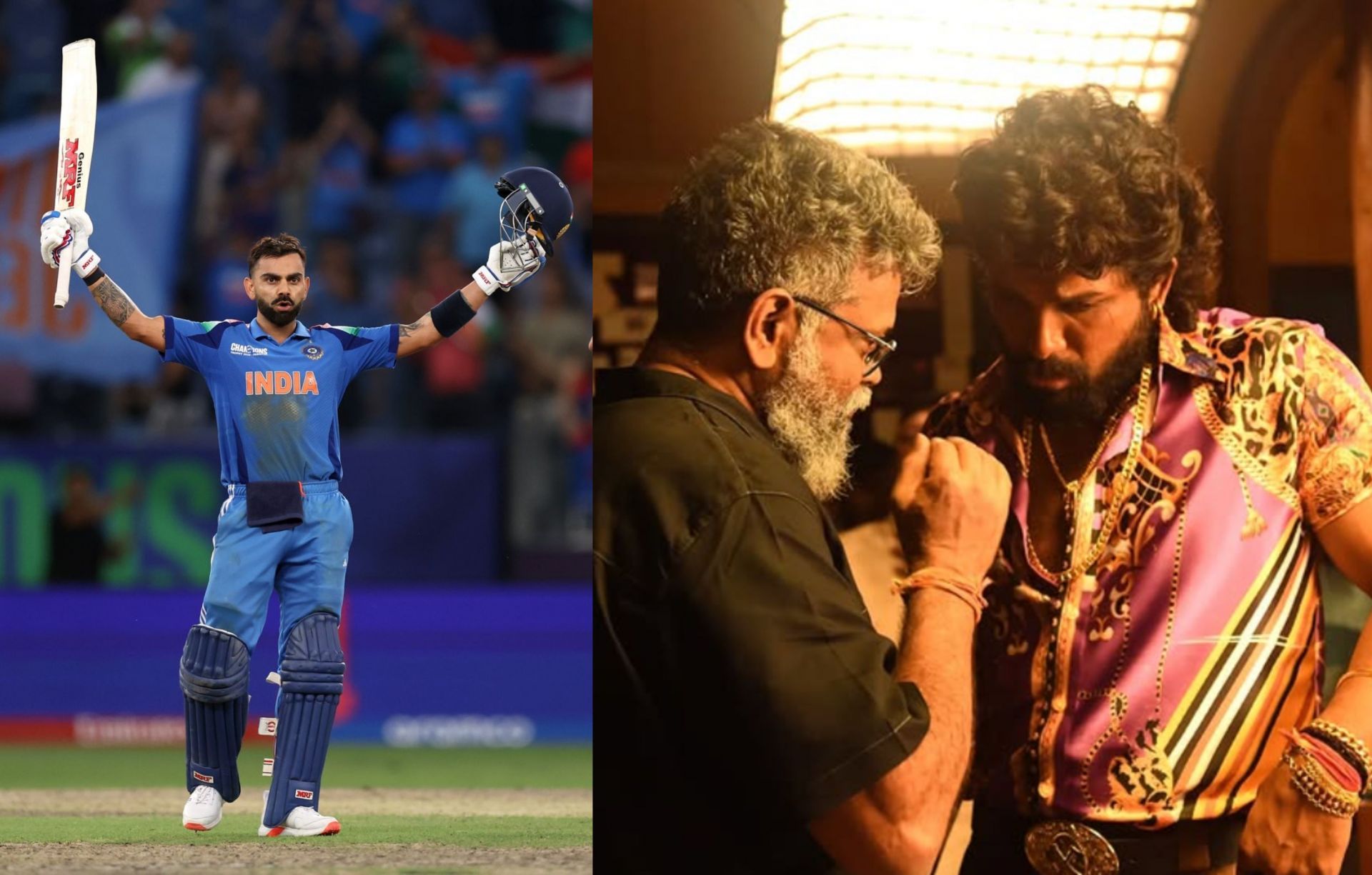 Virat Kohli (l) and Sukumar during shoot of Pushpa 2 (r). (Images: ICC/X, INstagram - @aryasukku) 