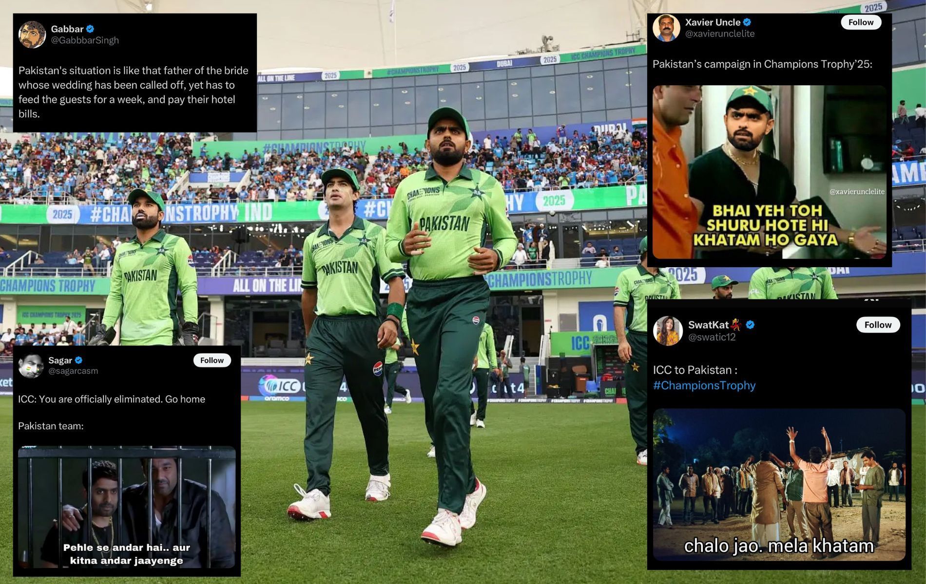 Pakistan were heavily trolled for their group-stage exit. (Pics: Getty Images/X/@sagarcasm/@xavierunclelite/@swatic12/@GabbbarSingh).