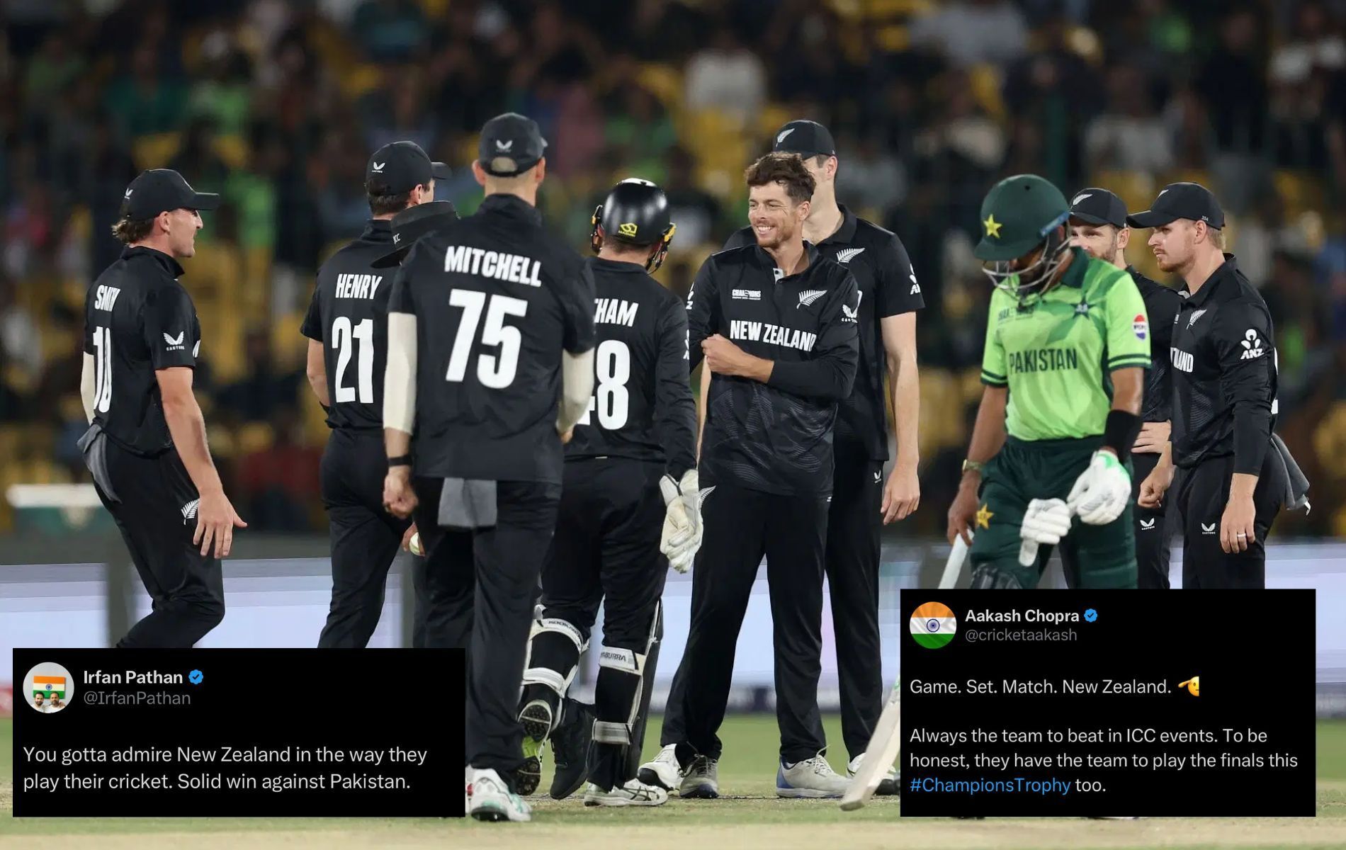 New Zealand beat Pakistan by 60 runs in inaugural match of 2025 Champions Trophy. (Pics: Getty/X/@cricketaakash/@IrfanPathan).