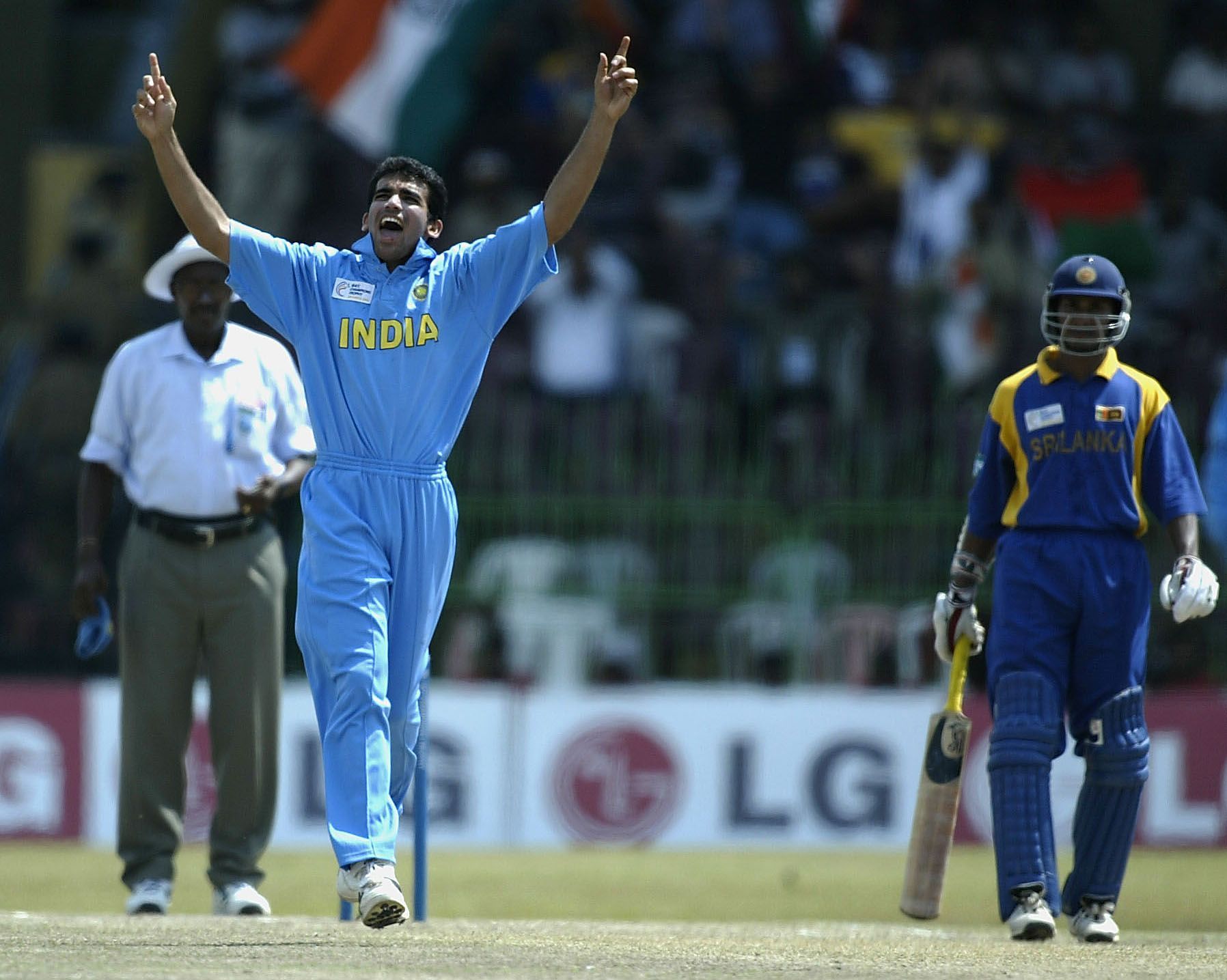 Zaheer Khan celebrates picking a wicket during the 2002 CT - Source: Getty