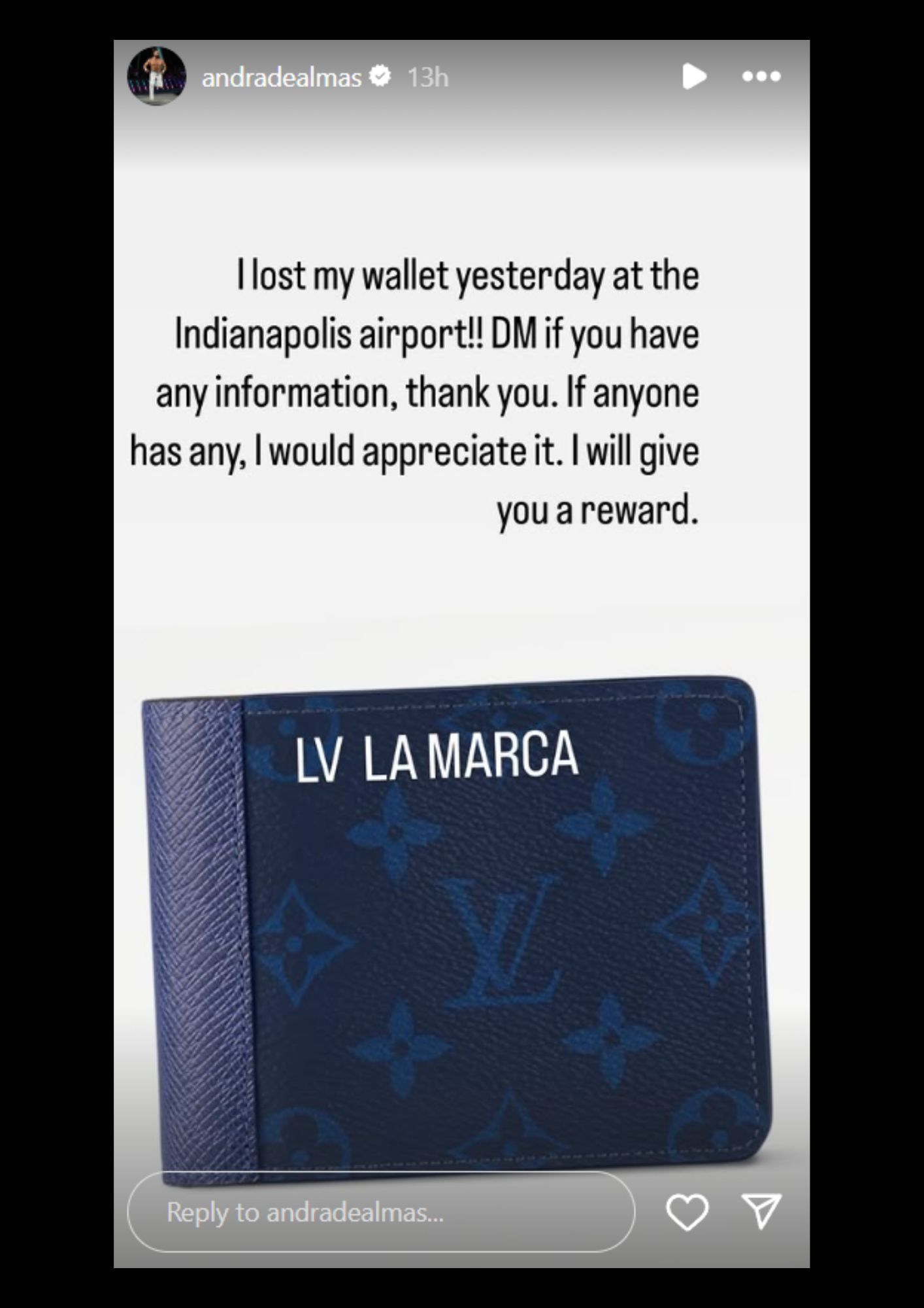 Finder&#039;s reward offer for the lost wallet [Image via Instagram]