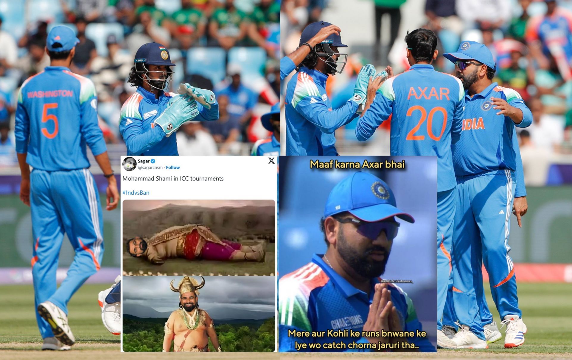 Memes from 1st innings of the second match of CT 2025. (Images: X - @bcci, @sagarcasm, Instagram - worldofcricketmemes_)