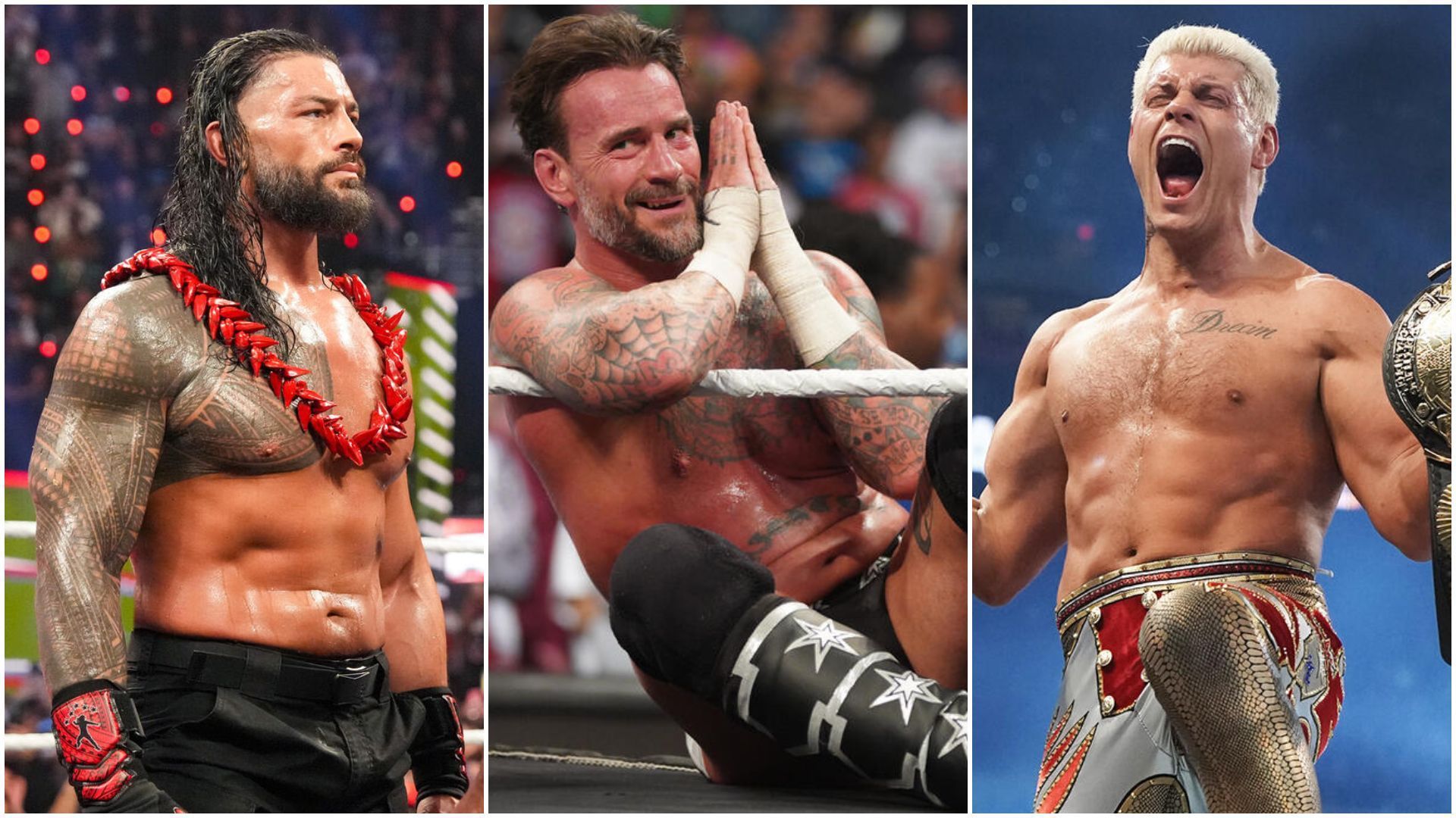 Roman Reigns (left), CM Punk (center), Cody Rhodes (right). [Pictures via: WWE.com]