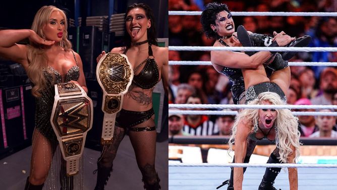 Rhea Ripley reacts after Charlotte Flair confronts Tiffany Stratton on WWE SmackDown and calls her a "child"
