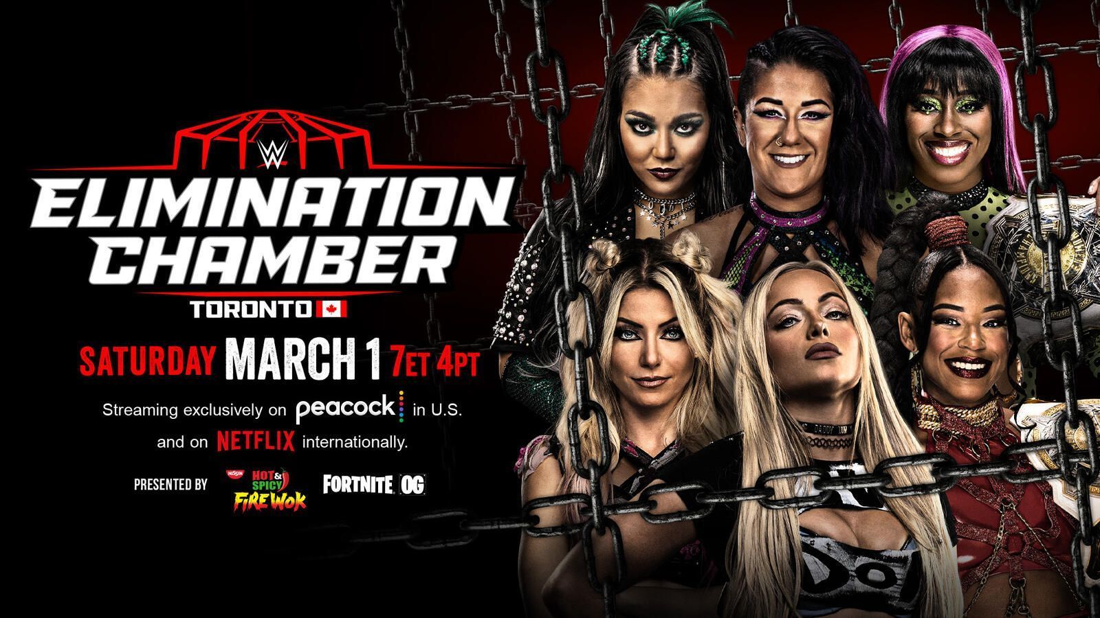 It&#039;s Roxanne Perez, Bayley, Naomi, Alexa Bliss, Liv Morgan, and Bianca Belair for this year&#039;s Women&#039;s Elimination Chamber. (Image credits: wwe.com)