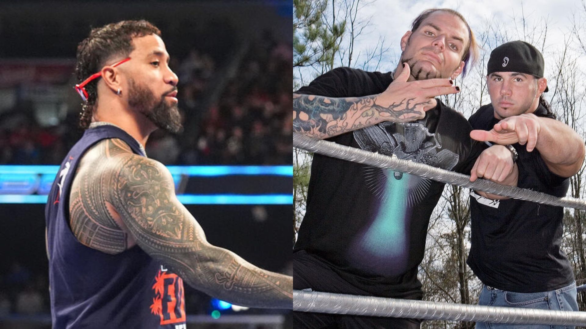 Jey Uso (left), The Hardy Boyz (right) (Image Credits: WWE.com)