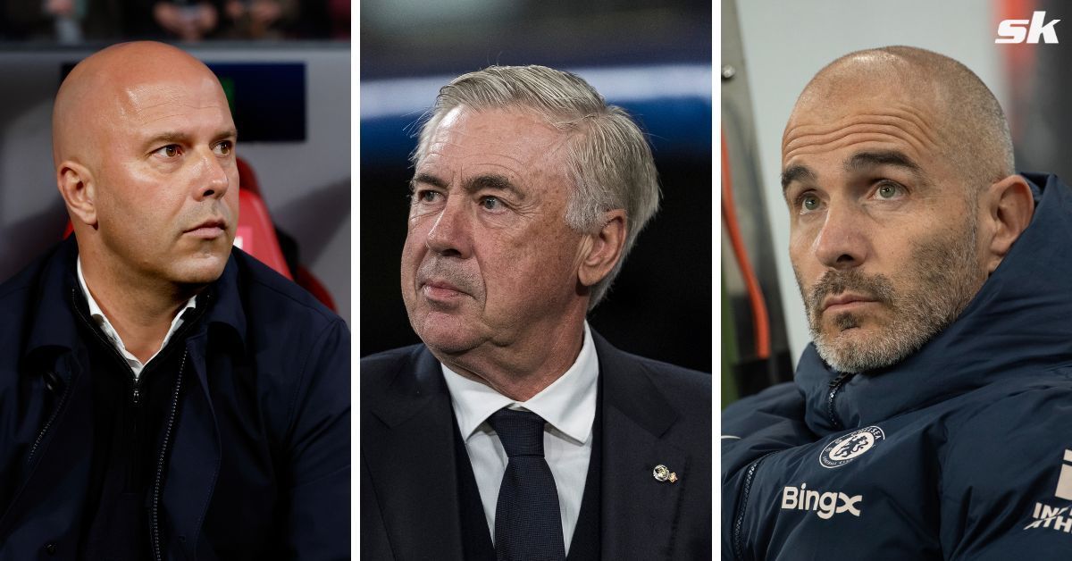 Liverpool boss Arne Slot, Real Madrid manager Carlo Ancelotti and Chelsea tactician Enzo Maresca (from left to right, all images GETTY) 