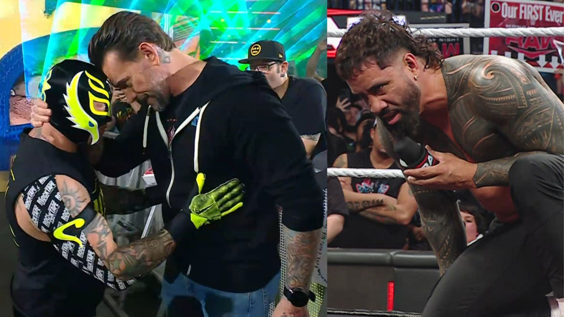 Rey Mysterio, CM Punk, and Jey Uso (Images via @WWE on X and SonyLIV.com)