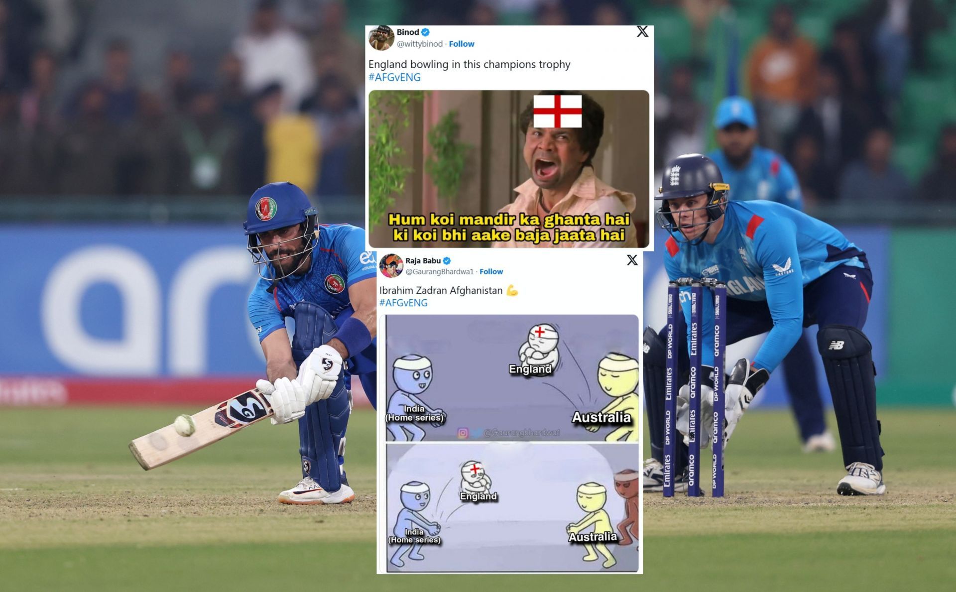 Memes from 1st innings of match 8 of CT 2025. (Images: X - @ICC, @wittybinod, @GaurangBhardwa1)