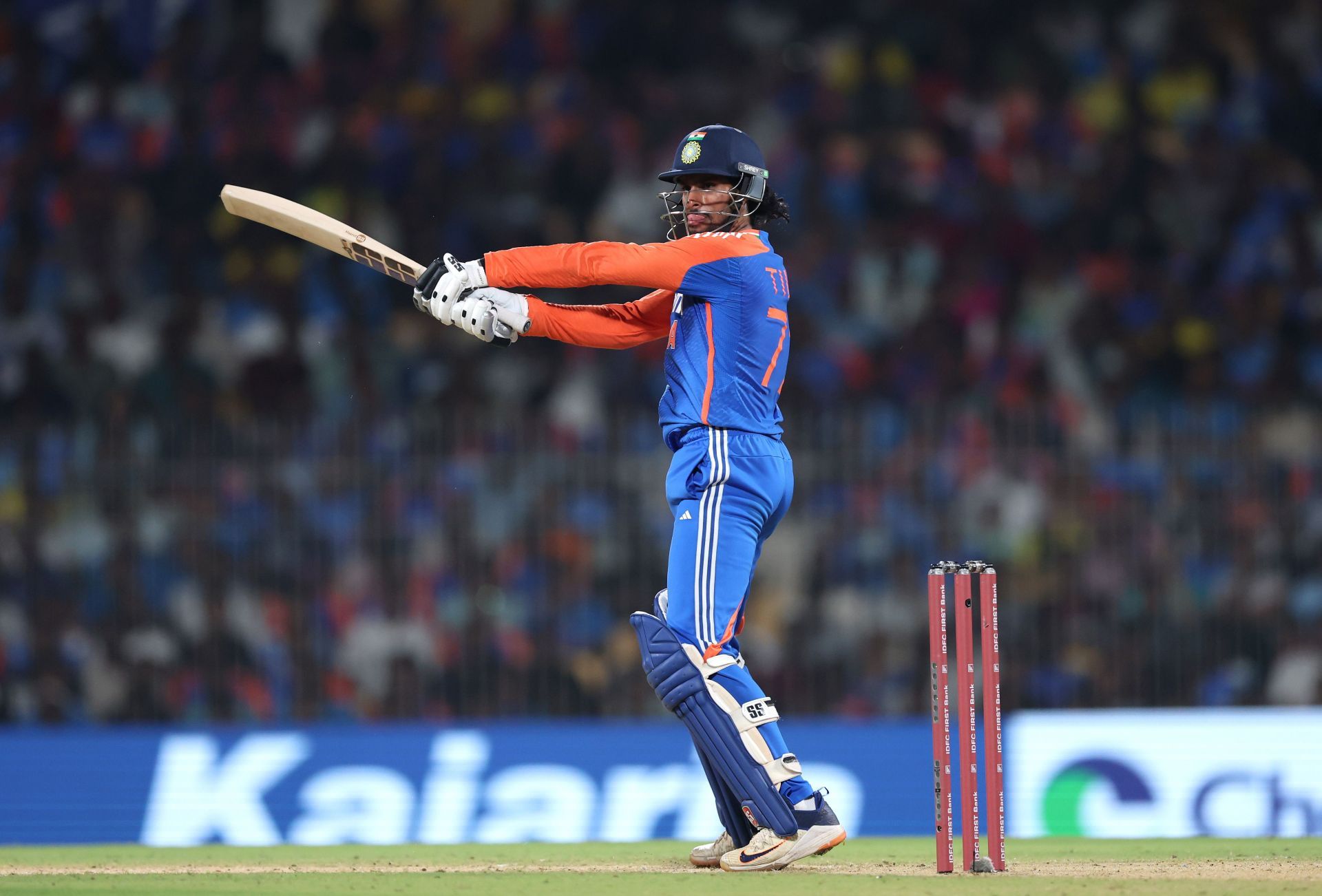 Tilak Varma was caught at third man off Saqib Mahmood&#039;s bowling for a golden duck. [P/C: Getty]