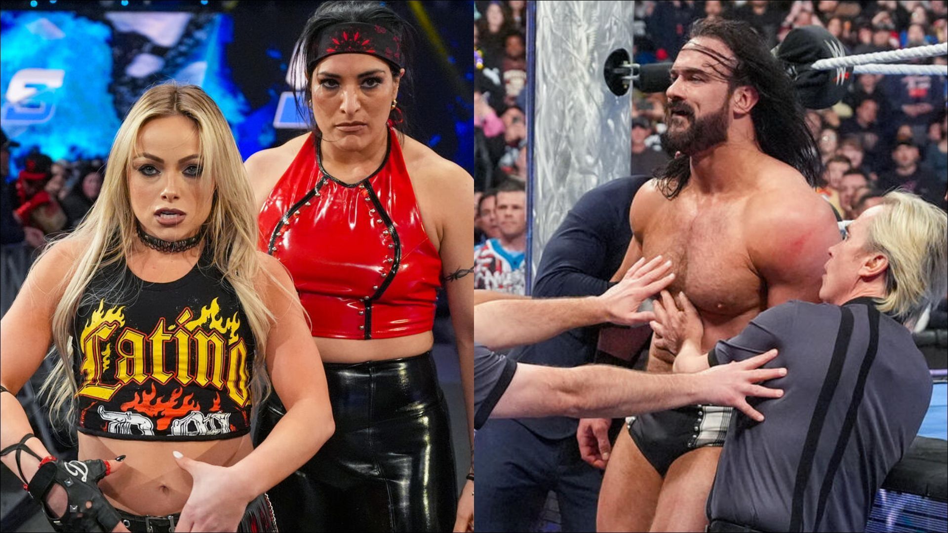 Liv Morgan &amp; Raquel Rodriguez (L) Drew McIntyre (R) (Image credits: wwe.com)