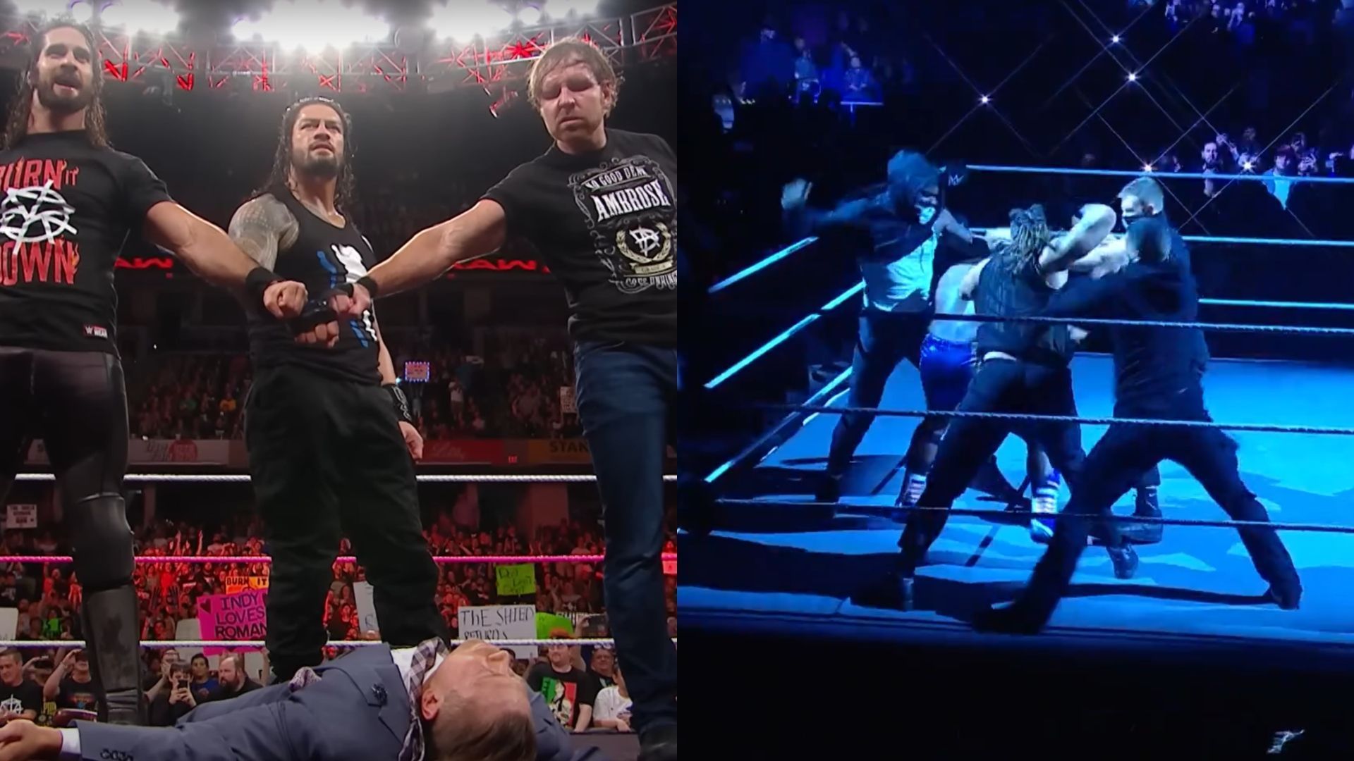 The Shield (left) and the unnamed rogue faction (right) [Image Credits: WWE