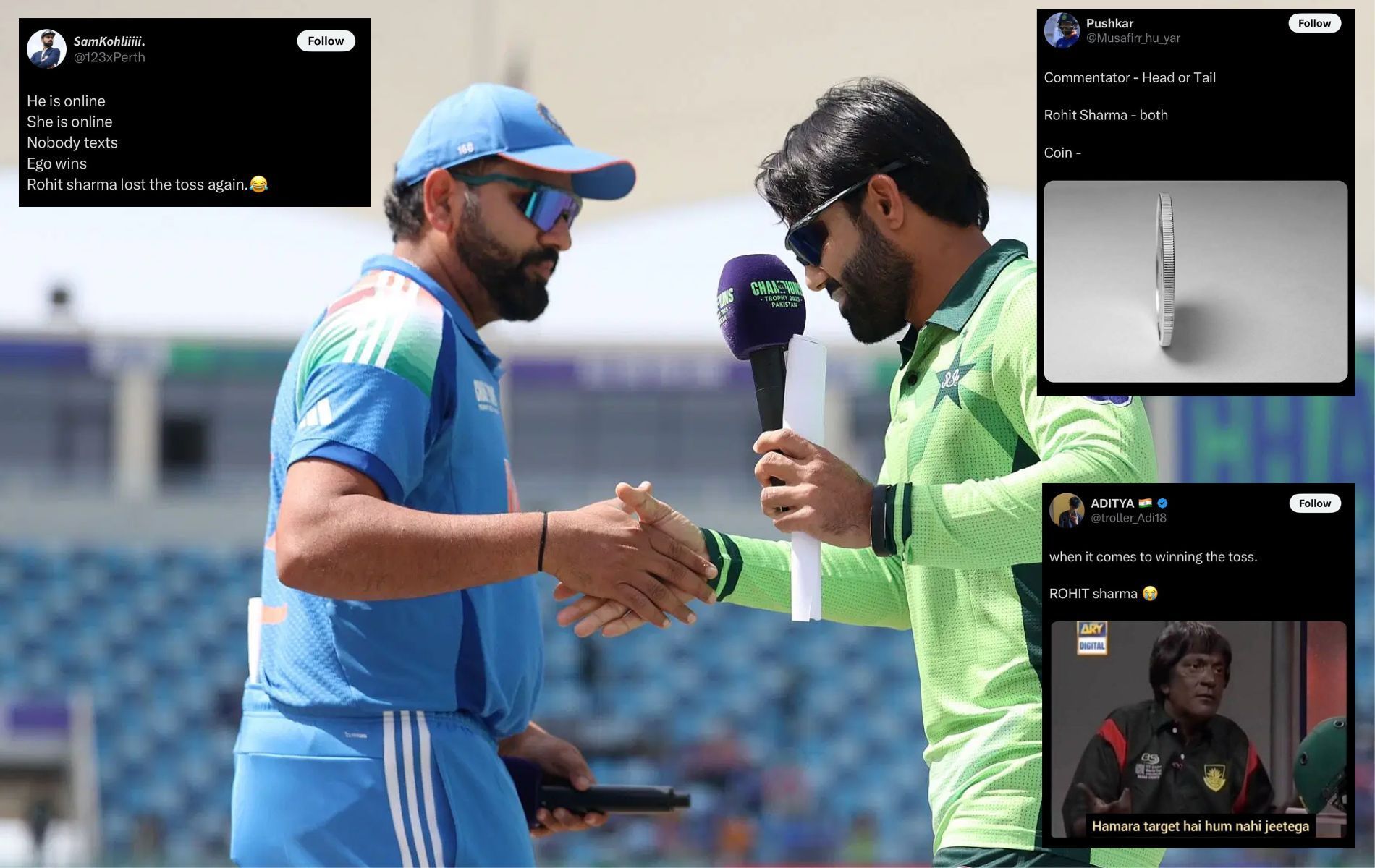 Pakistan elected to bat first against India in 2025 Champions Trophy match. (Pics: Getty Images/X/@troller_Adi18/@Musafirr_hu_yar/@123xPerth).